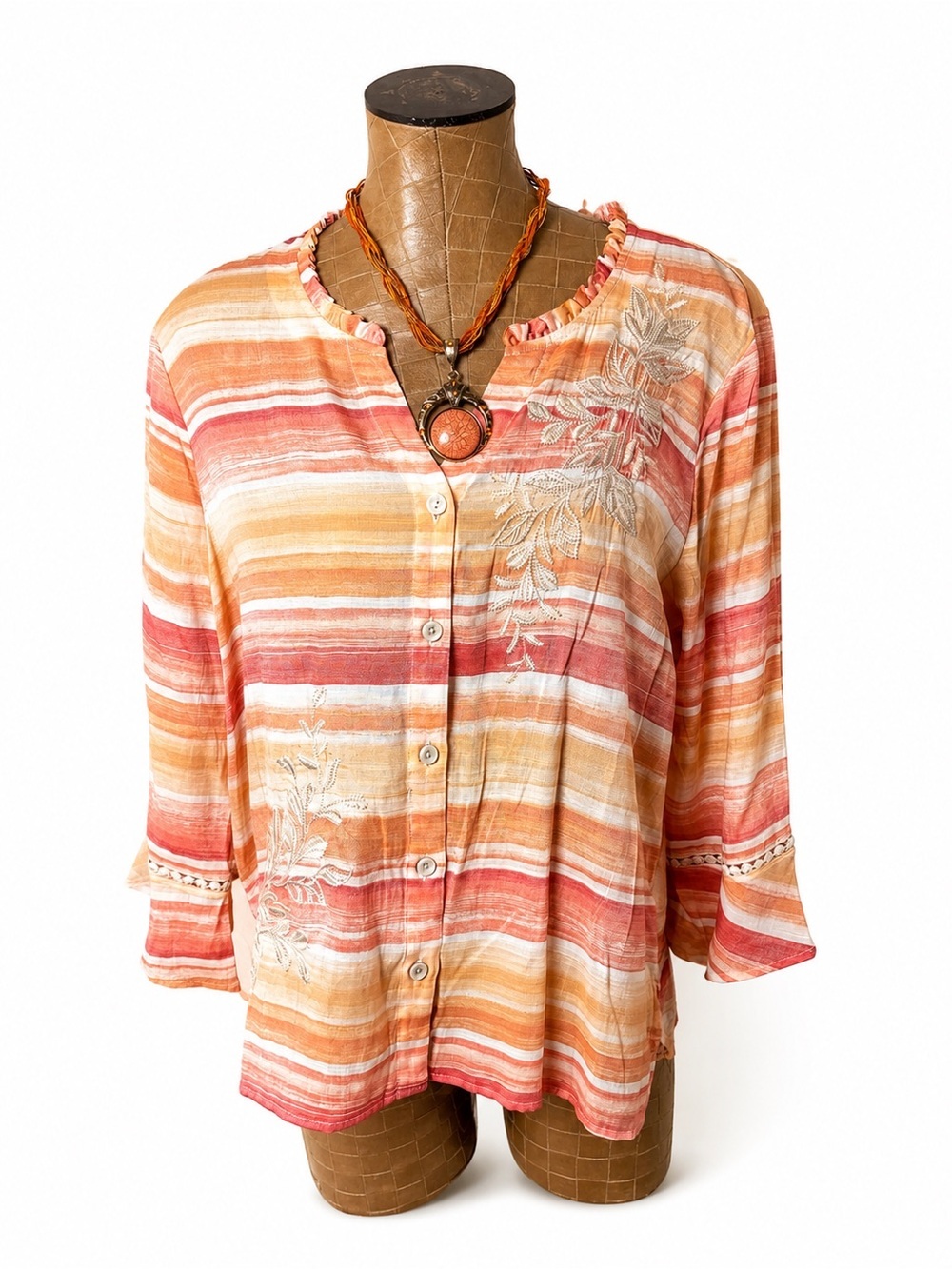 Alfred Dunner Petite Embroidered Stripe Button Front Blouse